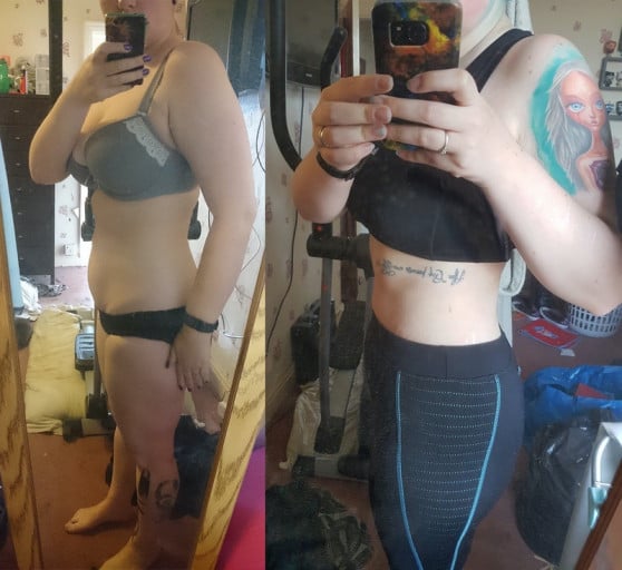 A before and after photo of a 5'6" female showing a weight cut from 177 pounds to 162 pounds. A respectable loss of 15 pounds.