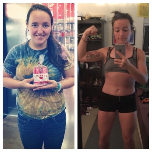A photo of a 5'4" woman showing a weight cut from 182 pounds to 132 pounds. A respectable loss of 50 pounds.