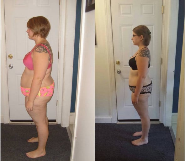 A picture of a 5'4" female showing a weight loss from 226 pounds to 179 pounds. A total loss of 47 pounds.
