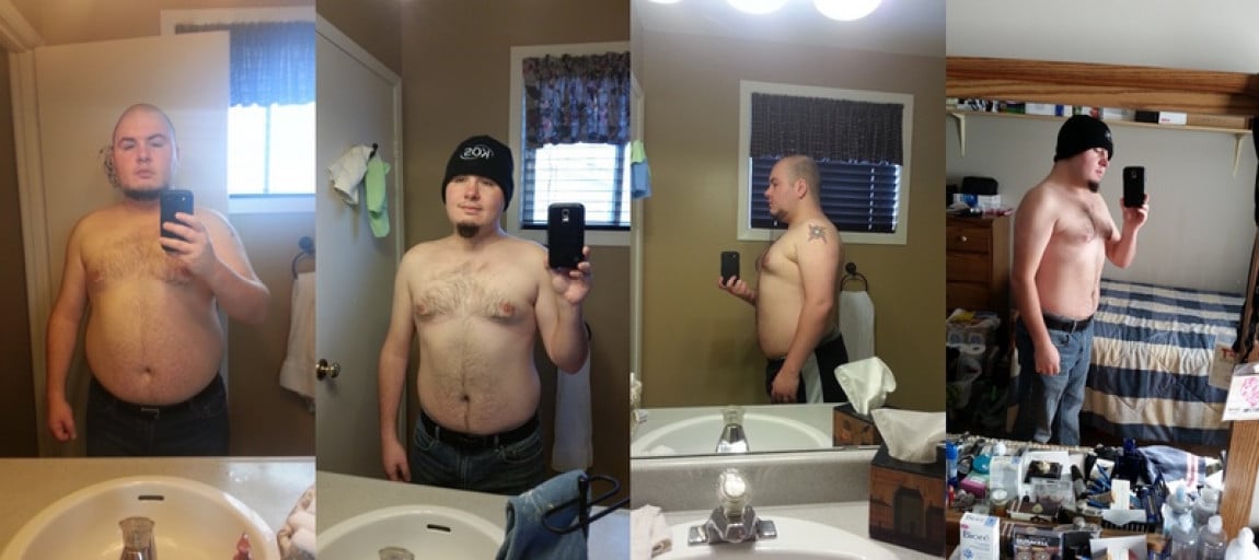 A progress pic of a 5'8" man showing a fat loss from 232 pounds to 185 pounds. A net loss of 47 pounds.
