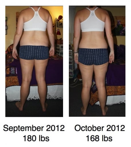 A photo of a 5'8" woman showing a fat loss from 180 pounds to 168 pounds. A respectable loss of 12 pounds.
