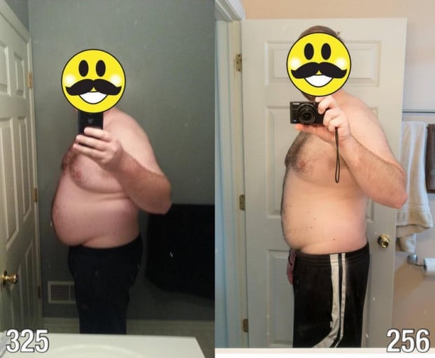 69 lbs Fat Loss Before and After 6'4 Male 325 lbs to 256 lbs