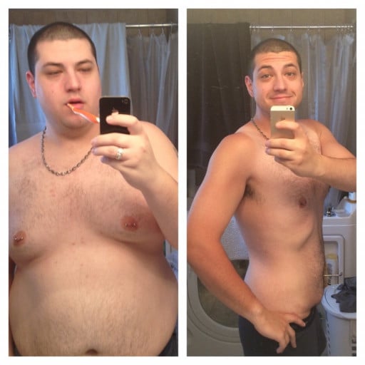 A photo of a 6'3" man showing a weight cut from 300 pounds to 208 pounds. A total loss of 92 pounds.