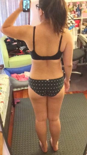 A before and after photo of a 5'4" female showing a snapshot of 151 pounds at a height of 5'4
