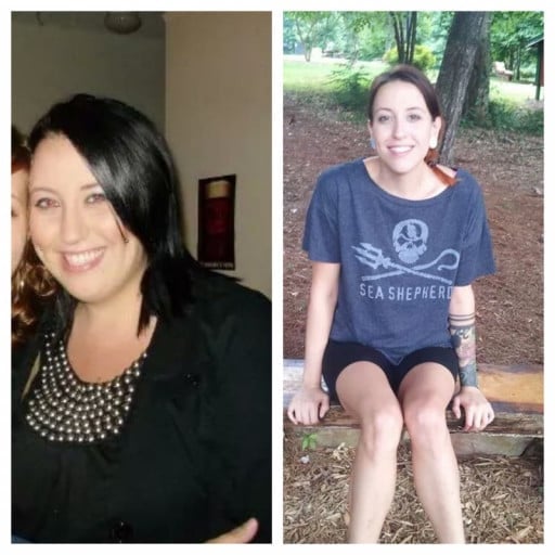 A before and after photo of a 5'8" female showing a weight reduction from 211 pounds to 135 pounds. A total loss of 76 pounds.