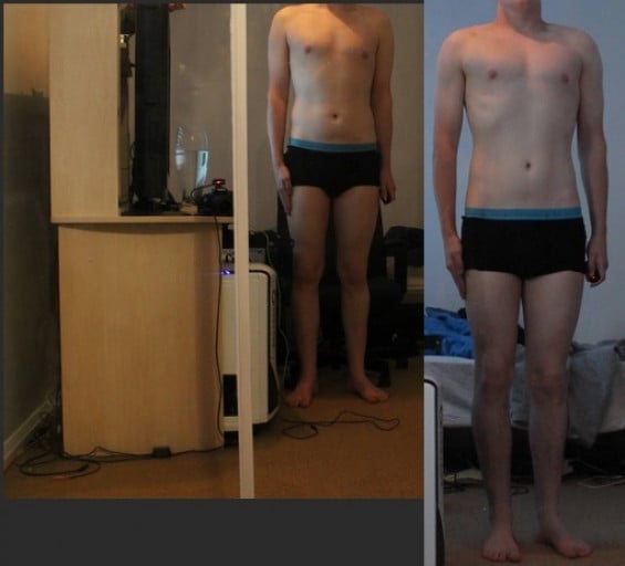 A progress pic of a 6'4" man showing a weight reduction from 188 pounds to 183 pounds. A total loss of 5 pounds.