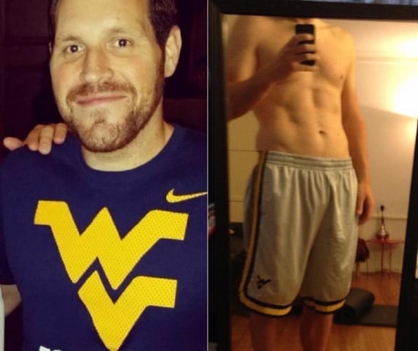 A progress pic of a 6'2" man showing a fat loss from 300 pounds to 220 pounds. A total loss of 80 pounds.