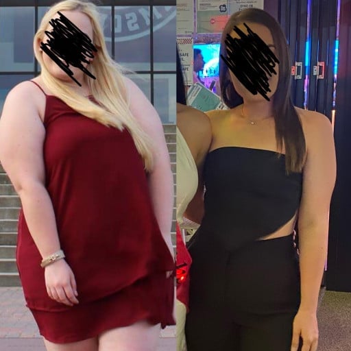 A progress pic of a 5'3" woman showing a fat loss from 249 pounds to 147 pounds. A total loss of 102 pounds.