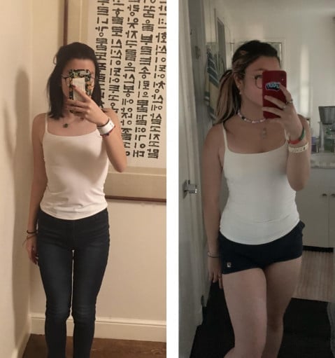 A progress pic of a 5'5" woman showing a weight bulk from 100 pounds to 135 pounds. A respectable gain of 35 pounds.