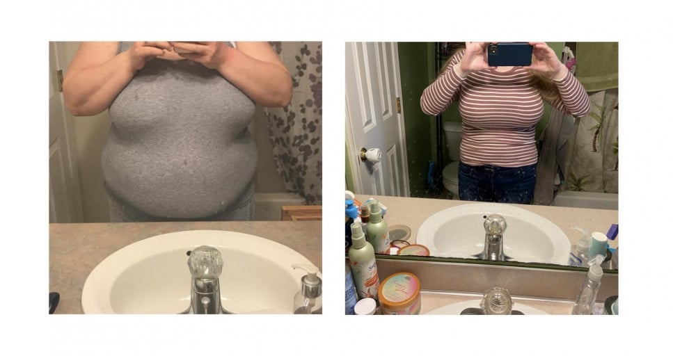 A progress pic of a 5'6" woman showing a fat loss from 289 pounds to 158 pounds. A respectable loss of 131 pounds.