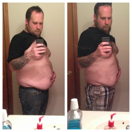 A progress pic of a 5'11" man showing a fat loss from 276 pounds to 253 pounds. A net loss of 23 pounds.