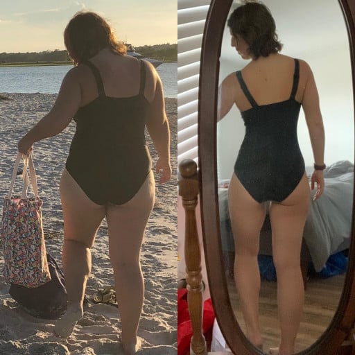 A progress pic of a 5'6" woman showing a fat loss from 210 pounds to 154 pounds. A total loss of 56 pounds.