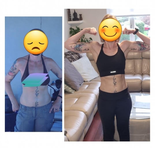 A photo of a 5'5" woman showing a weight cut from 145 pounds to 125 pounds. A net loss of 20 pounds.