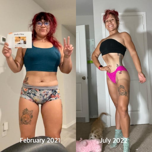 A photo of a 5'5" woman showing a weight cut from 185 pounds to 139 pounds. A respectable loss of 46 pounds.