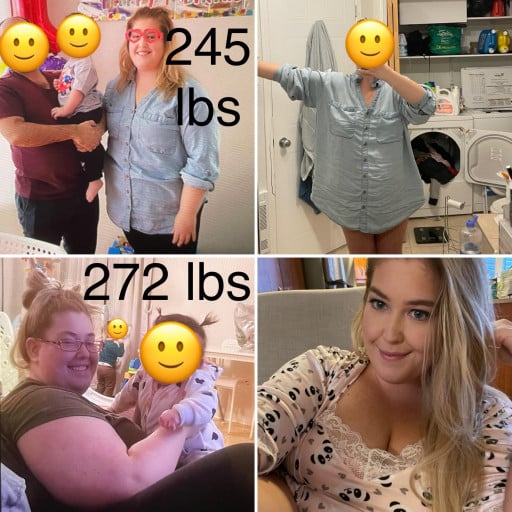 A picture of a 5'4" female showing a weight loss from 274 pounds to 199 pounds. A respectable loss of 75 pounds.