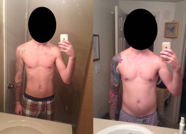 A before and after photo of a 6'0" male showing a weight bulk from 150 pounds to 175 pounds. A respectable gain of 25 pounds.