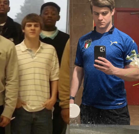 A before and after photo of a 5'7" male showing a weight bulk from 127 pounds to 170 pounds. A total gain of 43 pounds.