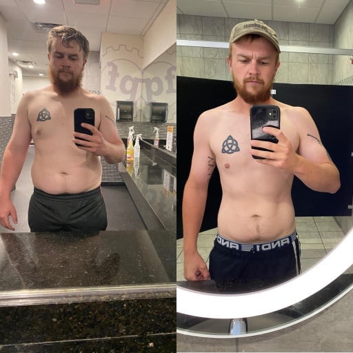 A progress pic of a 5'10" man showing a fat loss from 215 pounds to 155 pounds. A respectable loss of 60 pounds.