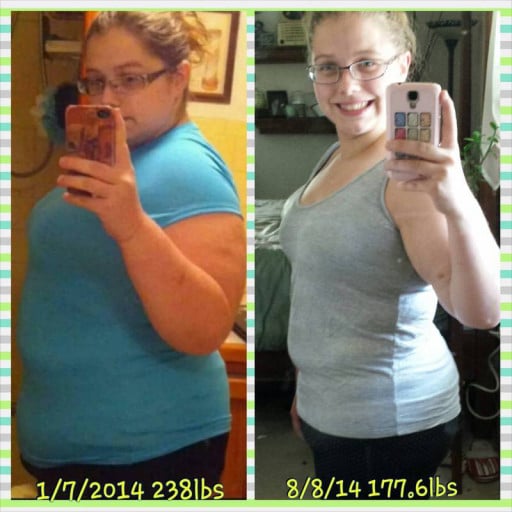 A picture of a 5'1" female showing a weight loss from 238 pounds to 177 pounds. A respectable loss of 61 pounds.