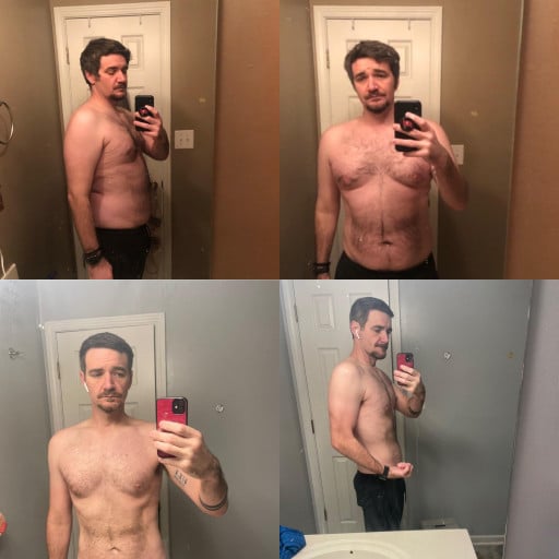 A before and after photo of a 5'11" male showing a weight reduction from 233 pounds to 173 pounds. A net loss of 60 pounds.