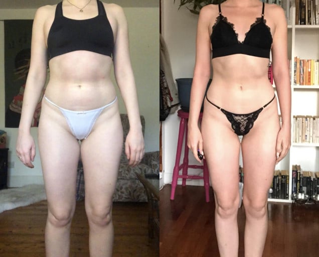 A photo of a 5'5" woman showing a weight cut from 137 pounds to 128 pounds. A net loss of 9 pounds.