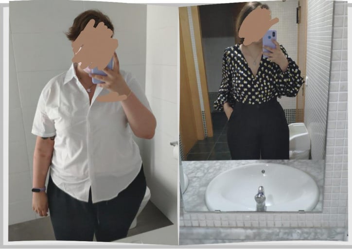 A picture of a 5'8" female showing a weight loss from 275 pounds to 173 pounds. A respectable loss of 102 pounds.