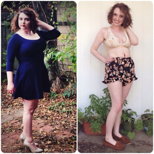 A picture of a 5'2" female showing a weight loss from 195 pounds to 115 pounds. A net loss of 80 pounds.