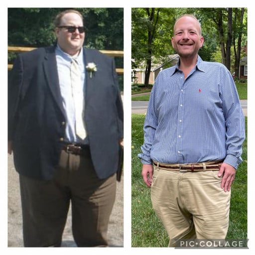 A progress pic of a 5'11" man showing a fat loss from 610 pounds to 275 pounds. A total loss of 335 pounds.