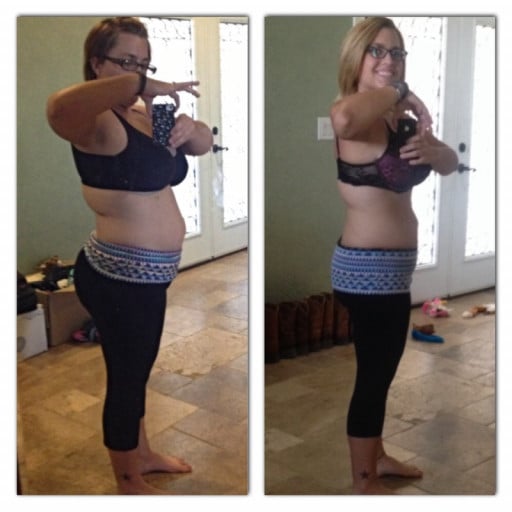 A progress pic of a 5'1" woman showing a fat loss from 180 pounds to 145 pounds. A respectable loss of 35 pounds.