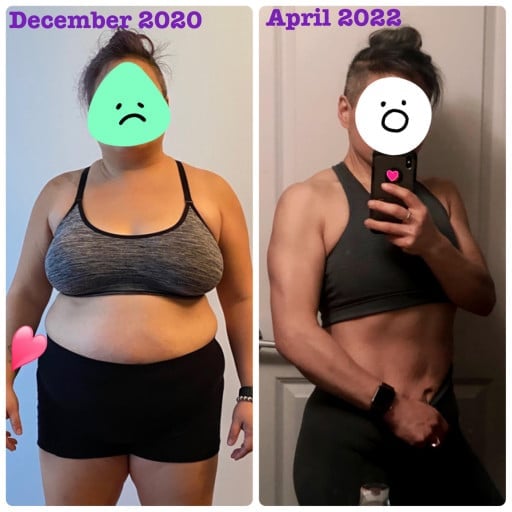 A progress pic of a 5'0" woman showing a fat loss from 215 pounds to 137 pounds. A total loss of 78 pounds.