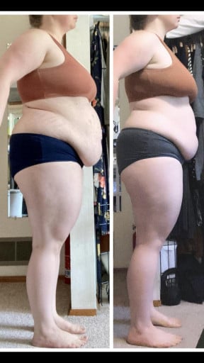 A picture of a 5'5" female showing a weight loss from 239 pounds to 213 pounds. A total loss of 26 pounds.