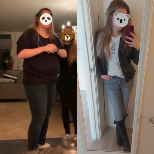 A progress pic of a 5'7" woman showing a fat loss from 265 pounds to 155 pounds. A respectable loss of 110 pounds.