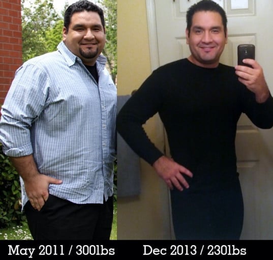 A before and after photo of a 5'11" male showing a weight reduction from 305 pounds to 230 pounds. A net loss of 75 pounds.
