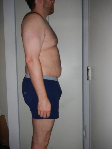 A before and after photo of a 6'2" male showing a snapshot of 235 pounds at a height of 6'2