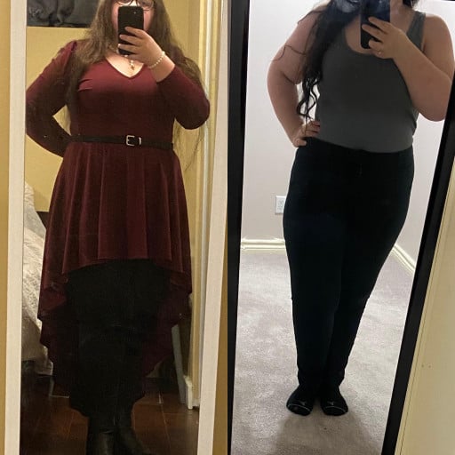 A progress pic of a 5'1" woman showing a fat loss from 218 pounds to 208 pounds. A respectable loss of 10 pounds.