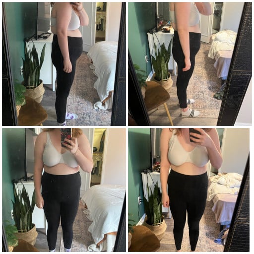 A before and after photo of a 5'5" female showing a weight reduction from 178 pounds to 158 pounds. A net loss of 20 pounds.