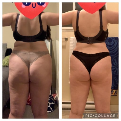 A before and after photo of a 5'3" female showing a weight reduction from 190 pounds to 170 pounds. A total loss of 20 pounds.