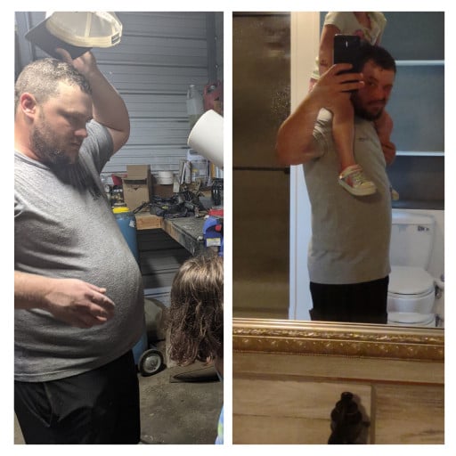 A picture of a 6'0" male showing a weight loss from 286 pounds to 221 pounds. A respectable loss of 65 pounds.
