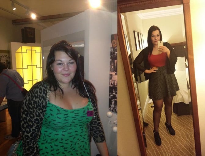A progress pic of a 5'8" woman showing a fat loss from 254 pounds to 202 pounds. A net loss of 52 pounds.