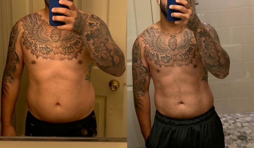 M/24/5’7” [190lbs-180lbs= 10 lbs] (one month a part). Working out and dieting constantly I know I still have a lot to work but I want to share my progress and I hope I can motivate someone.