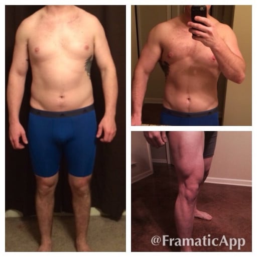 A before and after photo of a 5'10" male showing a weight reduction from 215 pounds to 195 pounds. A total loss of 20 pounds.