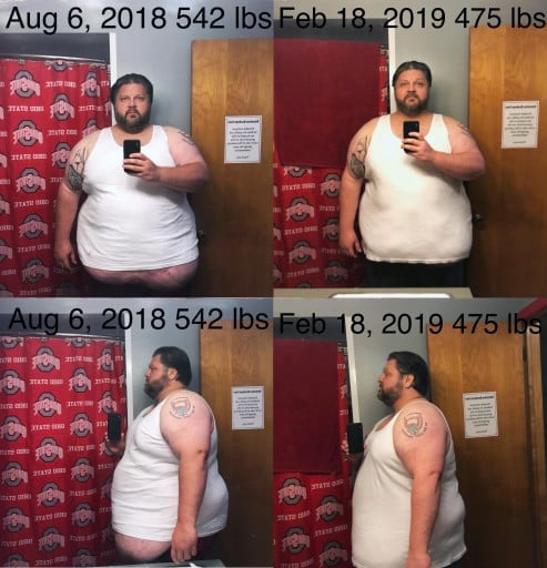A photo of a 6'1" man showing a weight cut from 542 pounds to 475 pounds. A respectable loss of 67 pounds.