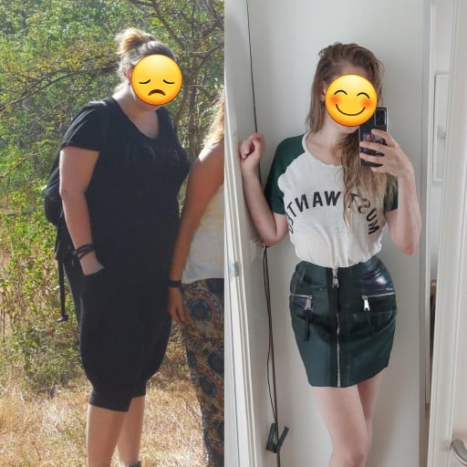 A progress pic of a 5'7" woman showing a fat loss from 265 pounds to 145 pounds. A net loss of 120 pounds.