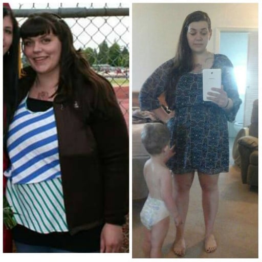 A picture of a 5'6" female showing a weight loss from 274 pounds to 213 pounds. A total loss of 61 pounds.