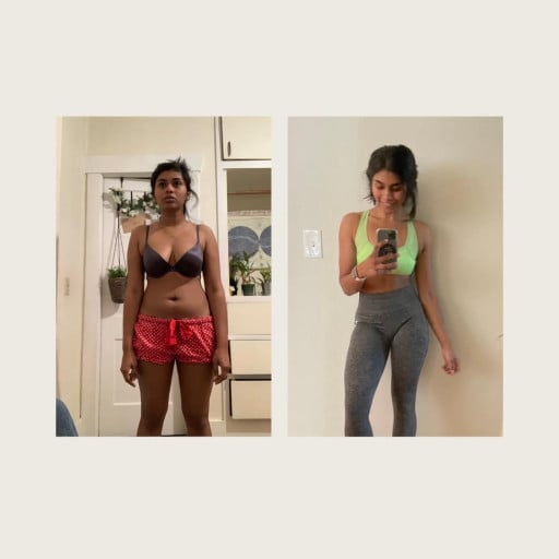A photo of a 5'4" woman showing a weight cut from 140 pounds to 120 pounds. A total loss of 20 pounds.