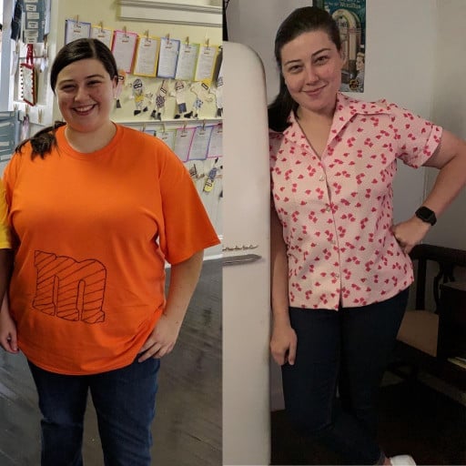 A before and after photo of a 5'4" female showing a weight reduction from 265 pounds to 175 pounds. A net loss of 90 pounds.