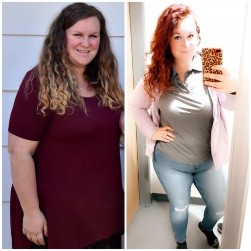 5 feet 10 Female Before and After 80 lbs Fat Loss 330 lbs to 250 lbs