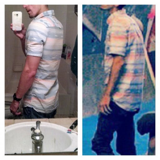A progress pic of a 5'9" man showing a muscle gain from 114 pounds to 127 pounds. A respectable gain of 13 pounds.