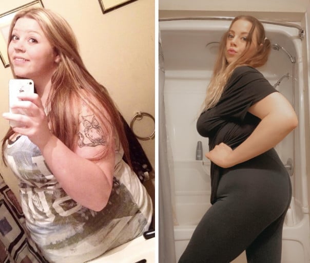 A picture of a 5'6" female showing a weight loss from 300 pounds to 126 pounds. A respectable loss of 174 pounds.