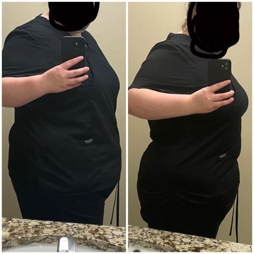 A progress pic of a 5'8" woman showing a fat loss from 353 pounds to 329 pounds. A respectable loss of 24 pounds.